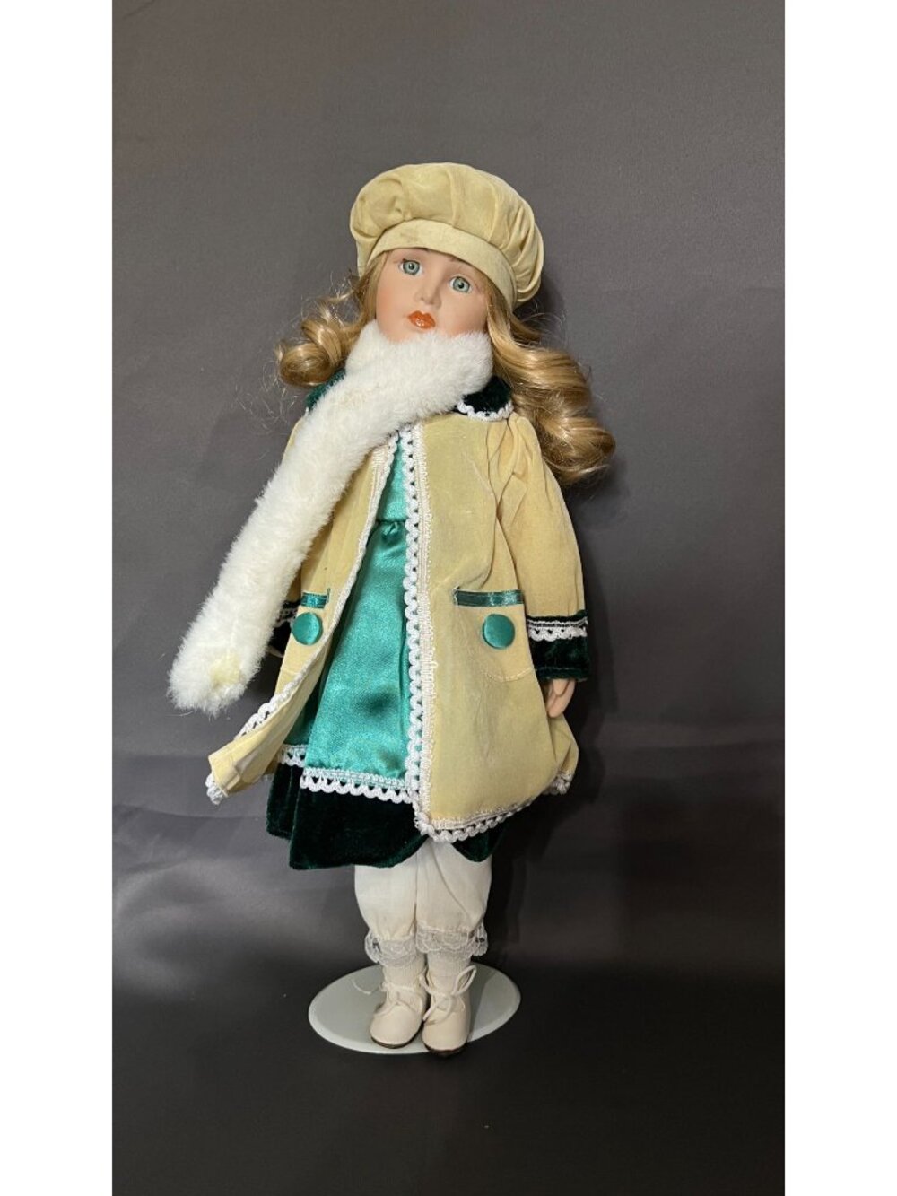 Ashley Belle Porcelain Doll 18 Inches In Winter Outfit With Hat Scarf & Stand Bl